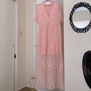 Pastel pink lace maxi dress